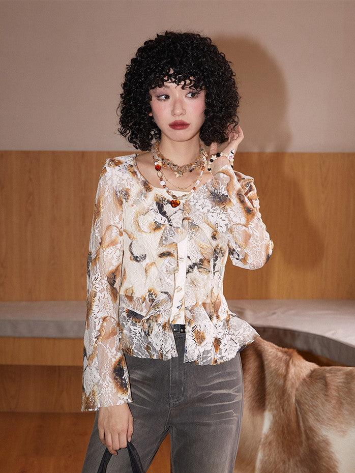 Set-Up Lace See-Through Retro Flower Frill Blouse