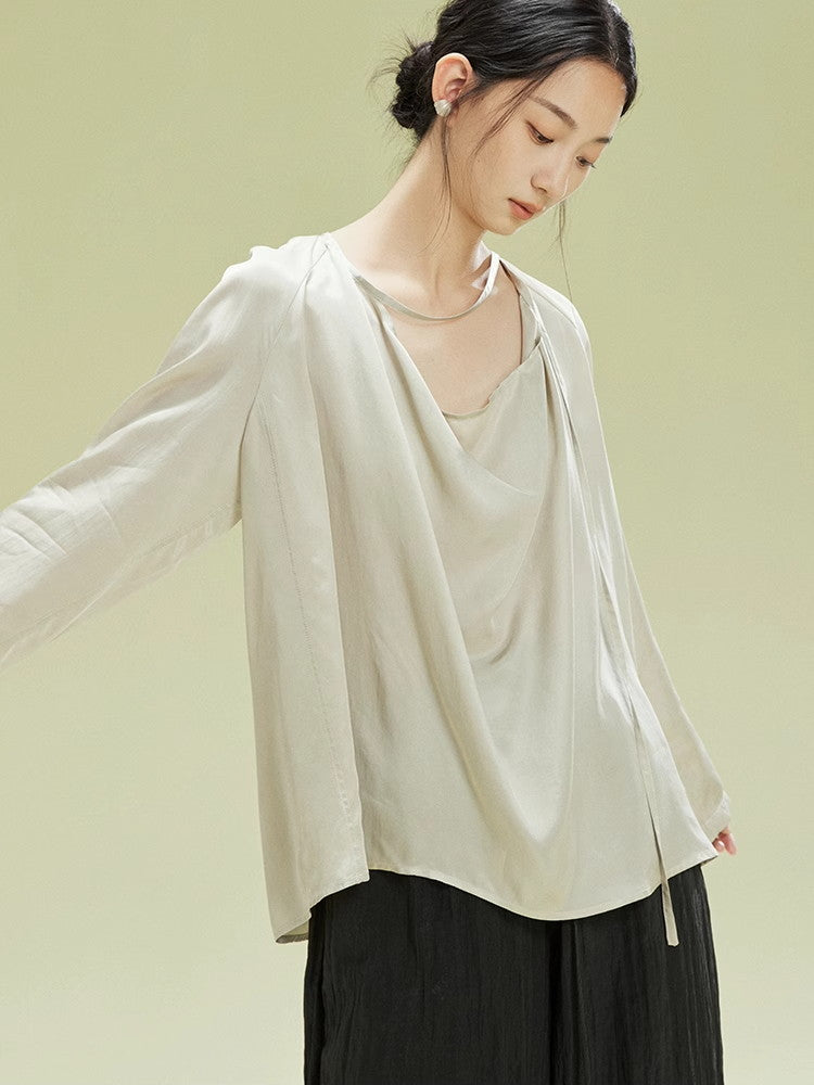 Drape Loose Long-Sleeve Natural Tops