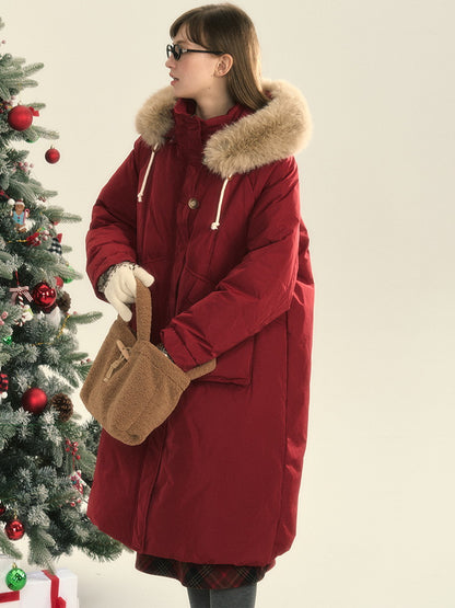 Fur-Hood Cotton Plain Simple Chic Down-Coat