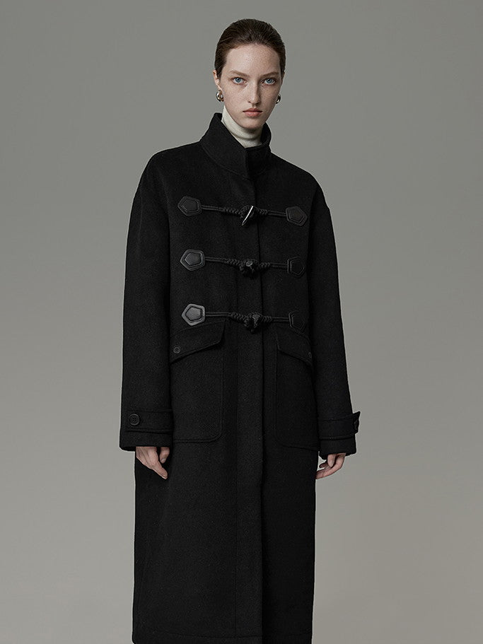 Wool Long Simple Stand-Collar Duffel-Coat