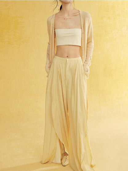 Natural Slit Wide-Leg Wrinkled Plain Flare-Pants