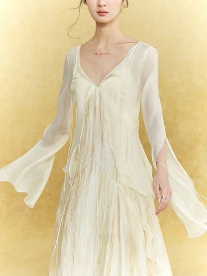 See-Through Ruffle Frill Flare-Sleeve Simple Natural Tops