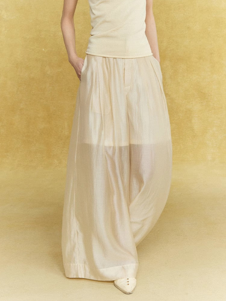 Wide-Leg Handsome Plain Straight Satin Sheer Elegant Pants