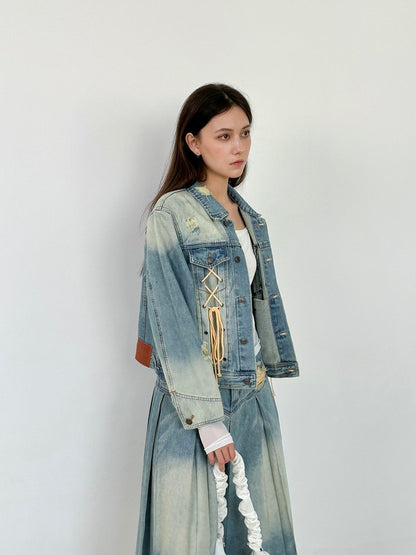 Set-Up Denim Lace-Up Washed Casual Pleats Jacket＆Pants＆Long-Skirt