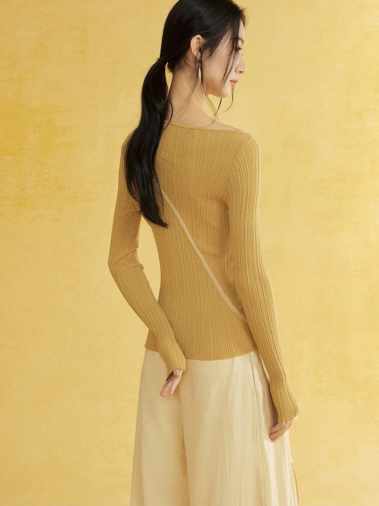 Asymmetry Nichi Slim Slit Casual Unique Rib-Knit