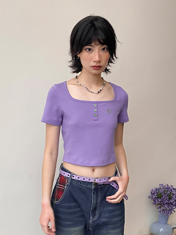 Short Casual Half-Sleeve Square-Neck T-Shirt