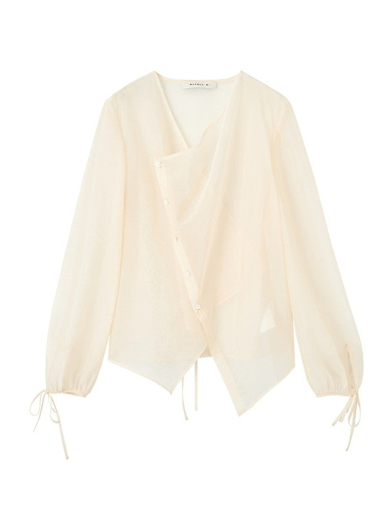 See-Through Balloon-Sleeve Asymmetry Wrap Nichi Classy Blouse