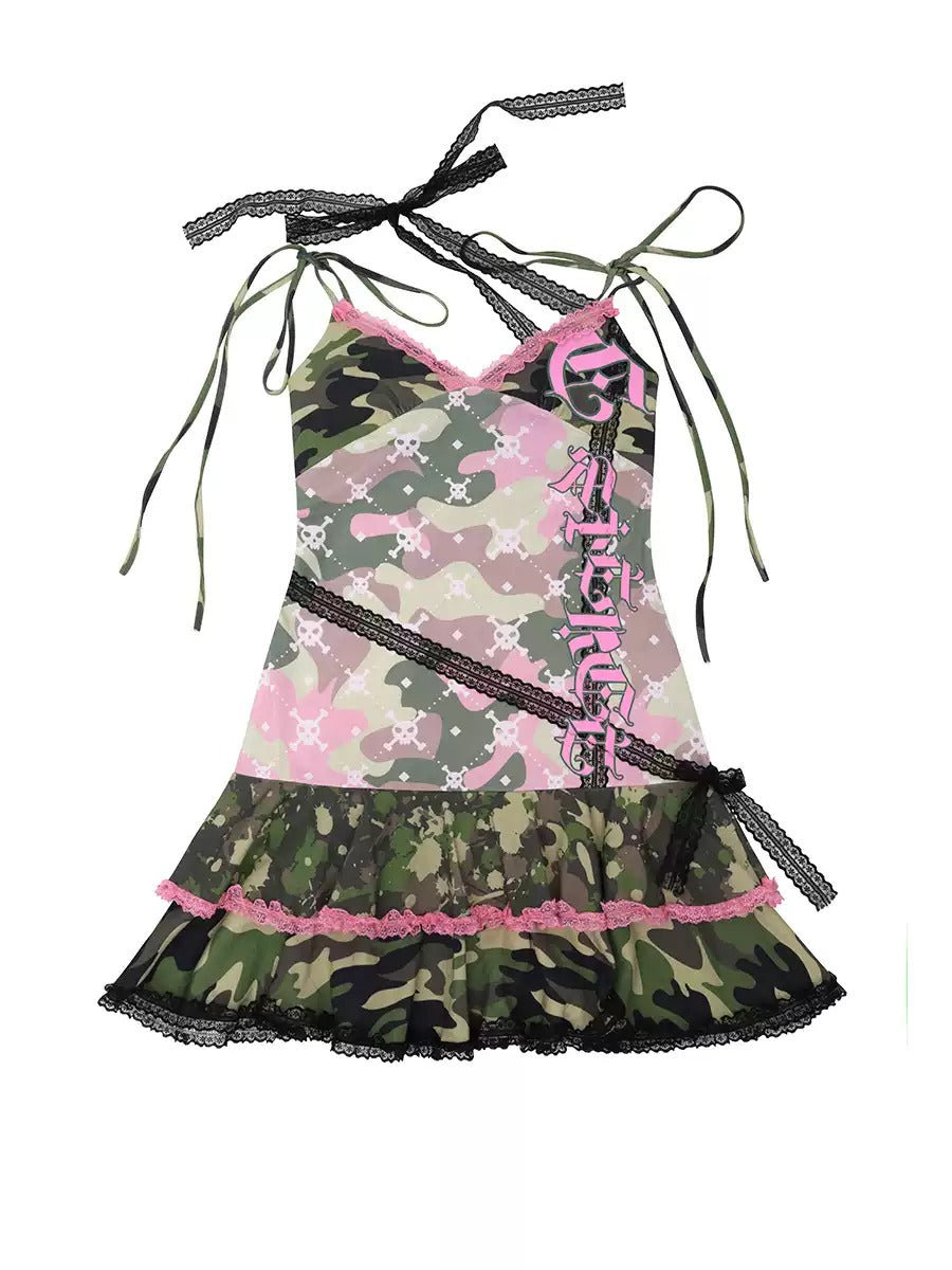 Camouflage Ribbon Lace Frill Pleats Flare Camisole Dress