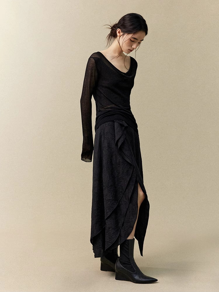 Wrap Nichi Asymmetry Ruffle Wrinkled Classy Long-Skirt