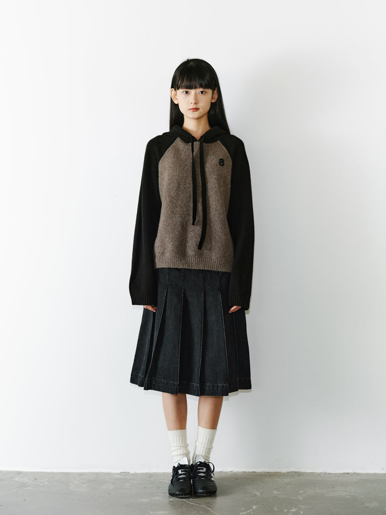 Knit Hoddie Bi-Color Simple Parlka Wool-Tops