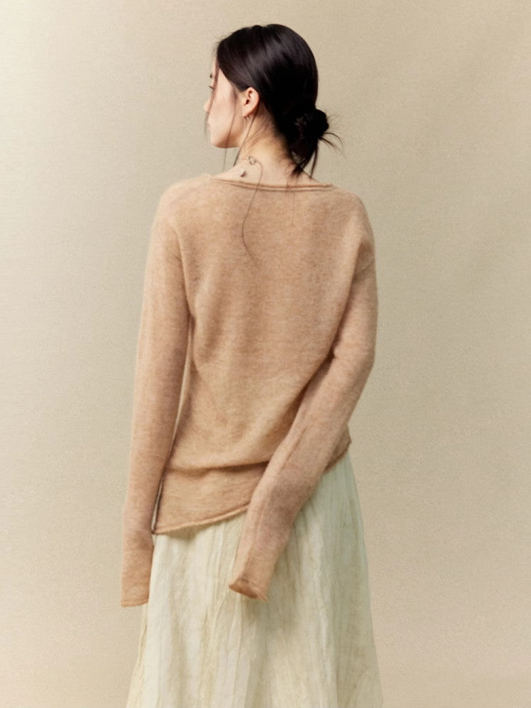 Asymmetry U-Neck Slim Simple Thin Classy Knit