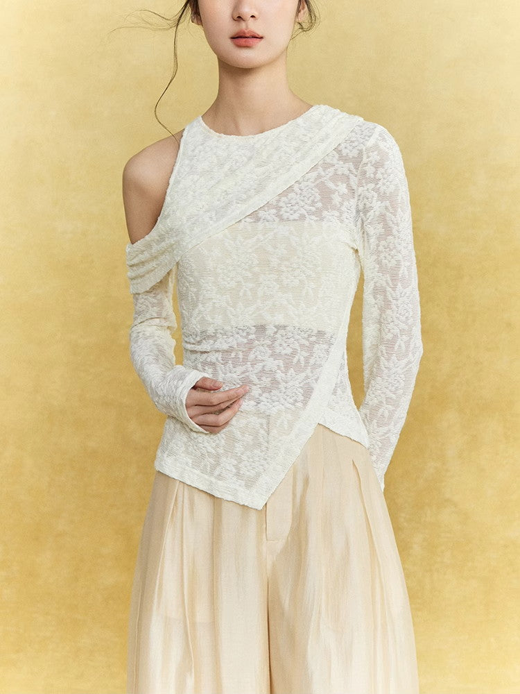 Open-Shoulder Flower Mesh Sheer Asymmetry Knit