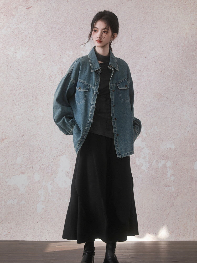 Casual Vintage Oversize Drop-Shoulder Denim-Jacket