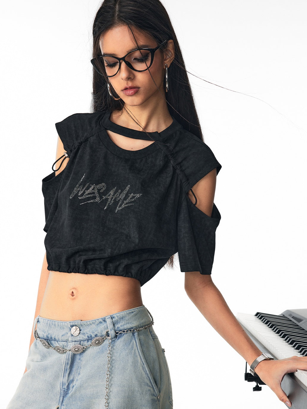 Open-shoulder Drawstring Unique Cropped Tops