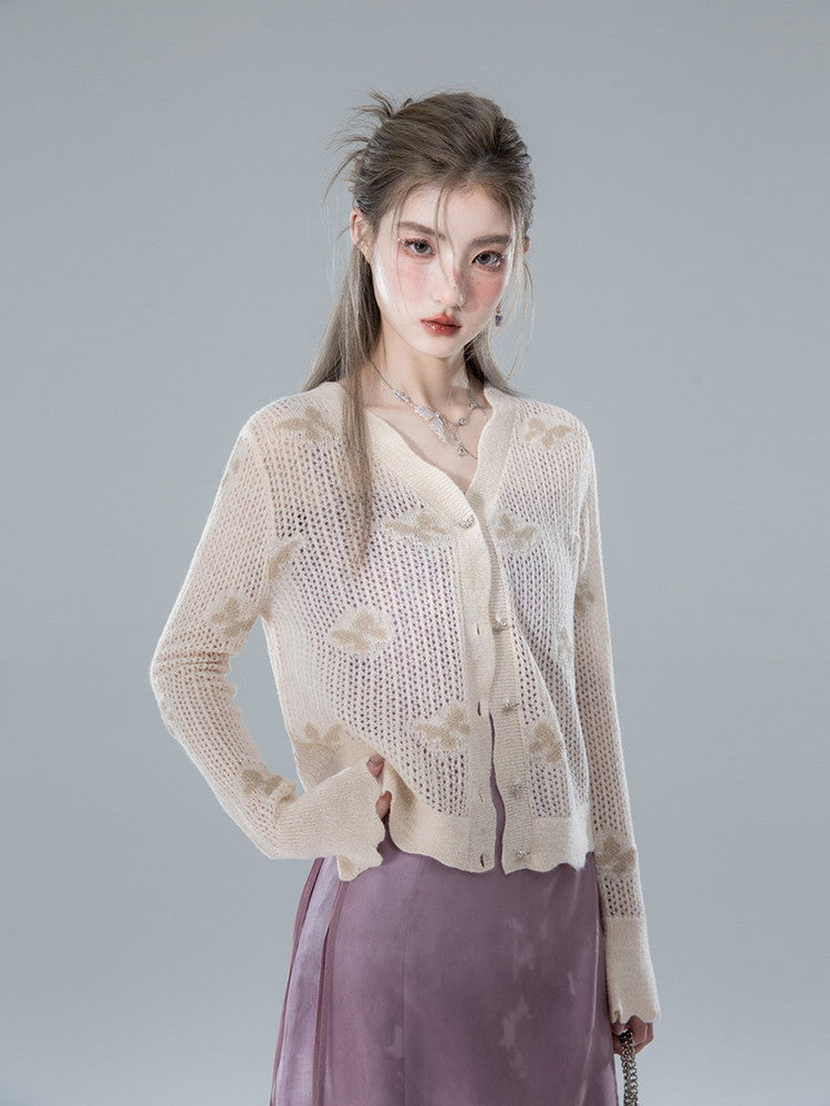 Butterfly Knit V-Neck Mesh Retro Cardigan