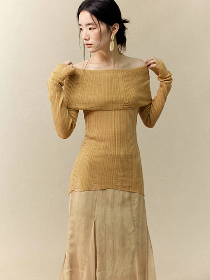 Off-Shoulder Damage Slim Sheer Nichi Classy Knit