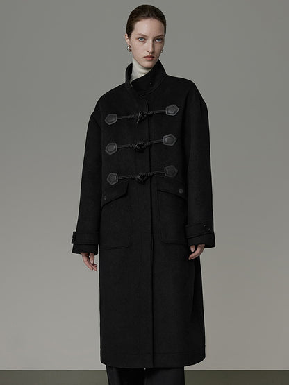 Wool Long Simple Stand-Collar Duffel-Coat