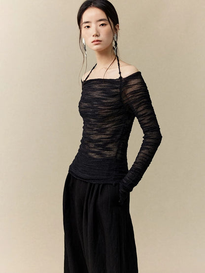 Wrinkled Sheer Gather Nichi Tight Halter-Neck Off-Shoulder Classy Knit