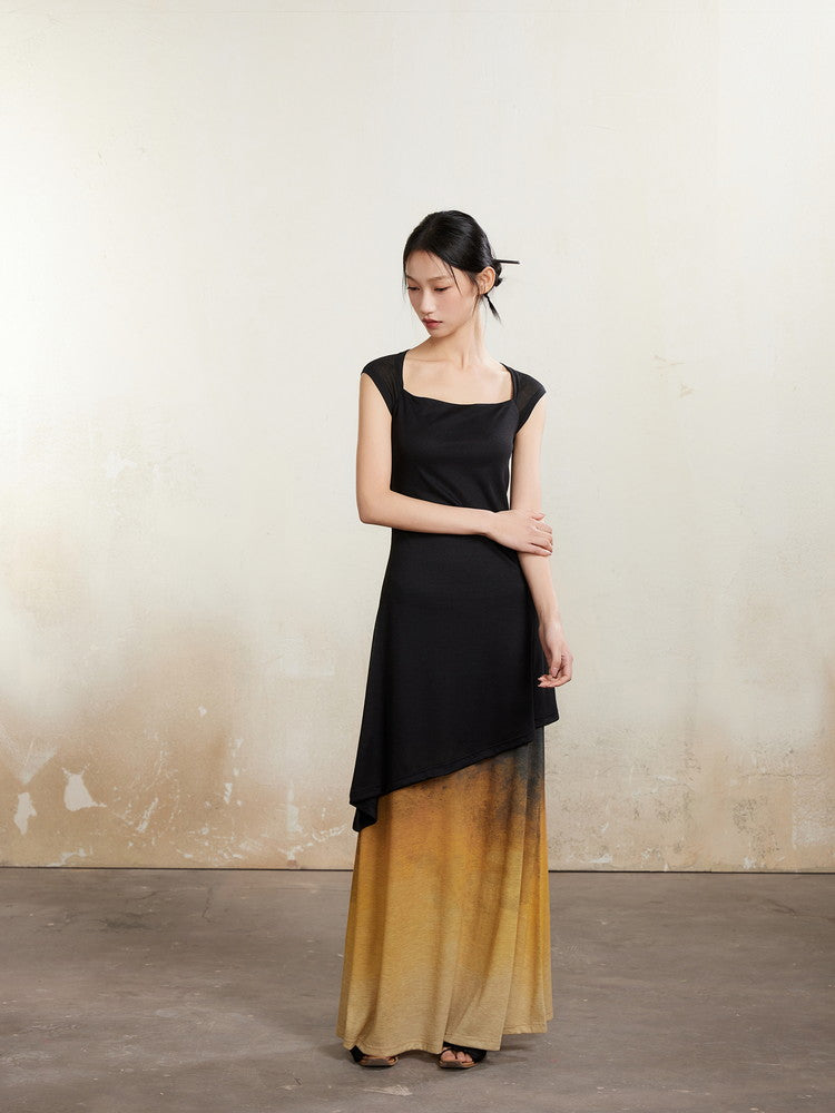 Long Bi-Color Retro Square-Neck Layered Dress