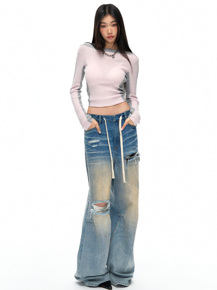 Damage Crush Straight Loose Wide Faded Denim-Pants