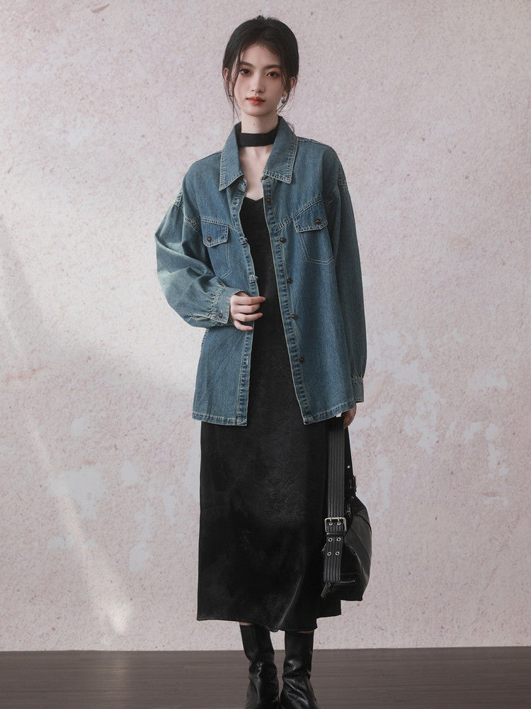 Casual Vintage Oversize Drop-Shoulder Denim-Jacket