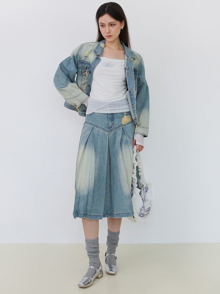 Set-Up Denim Lace-Up Washed Casual Pleats Jacket＆Pants＆Long-Skirt