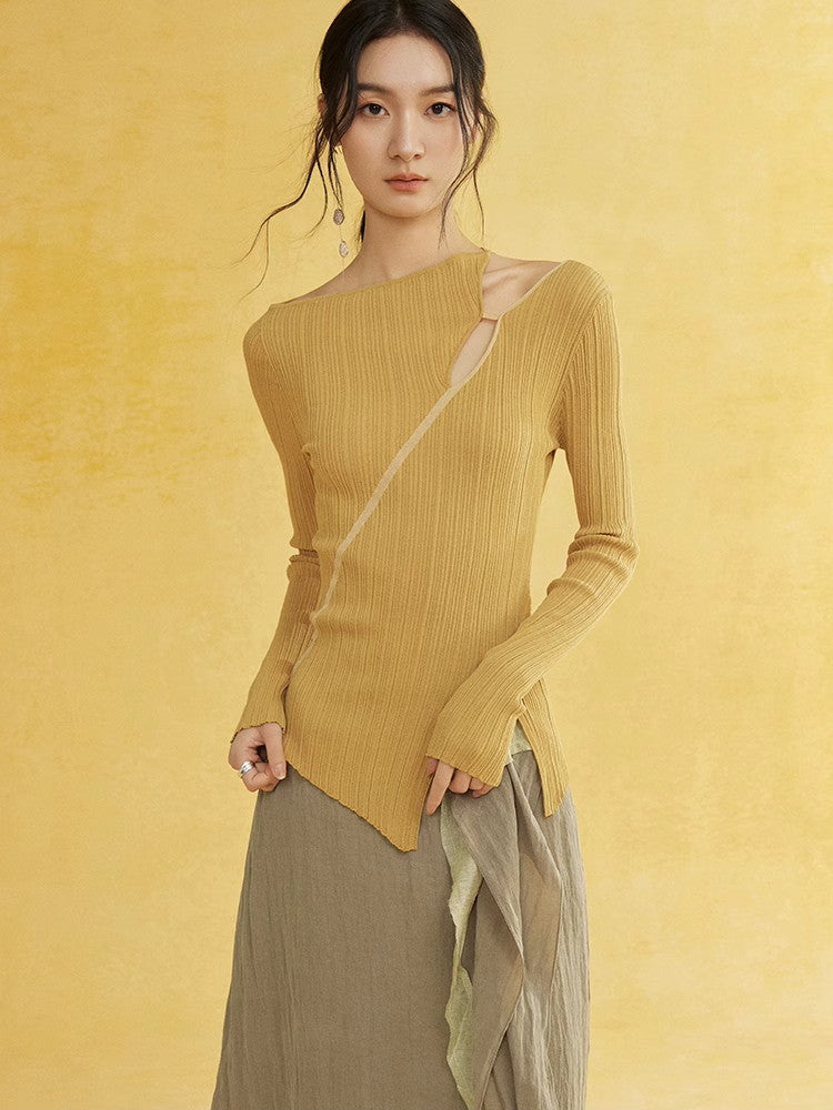 Asymmetry Nichi Slim Slit Casual Unique Rib-Knit