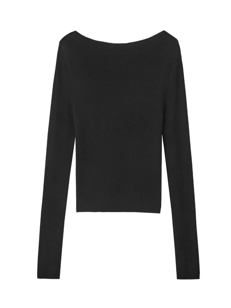 Simple Smooth Rib Boat-Neck Slim Classy Knit