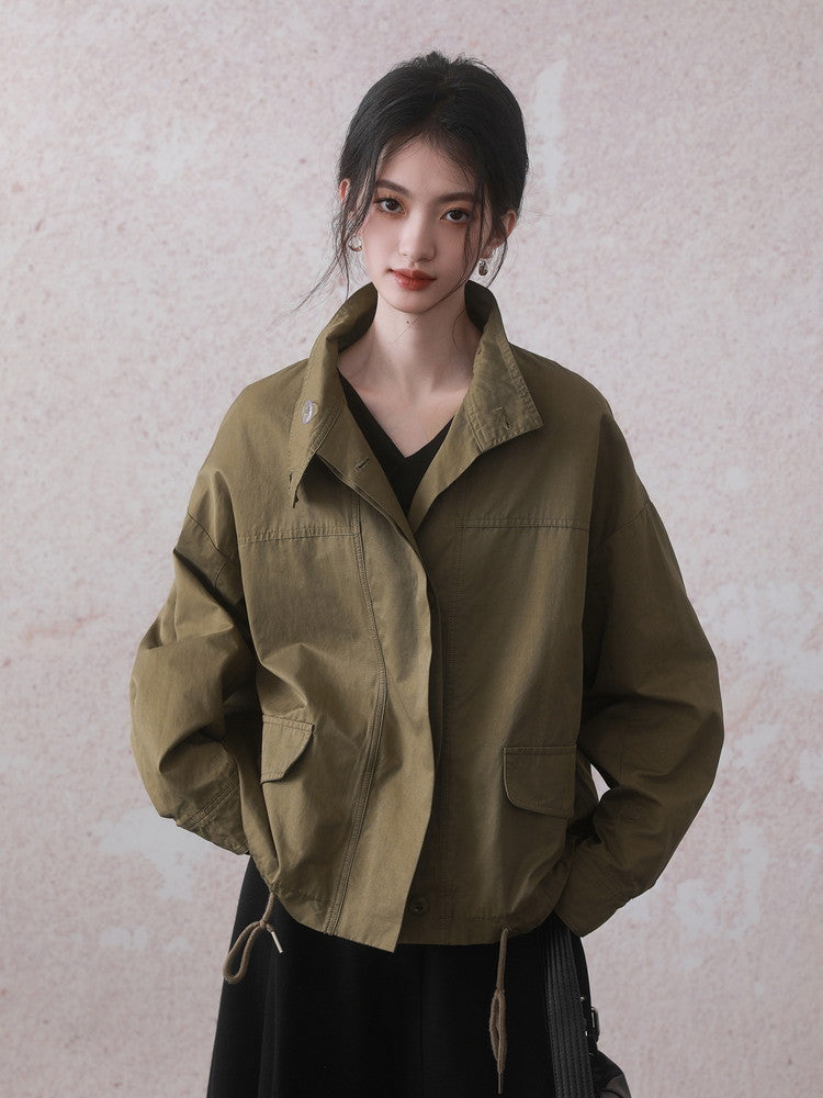 Stand-Collar Drawstring Casual Ovresize Jacket