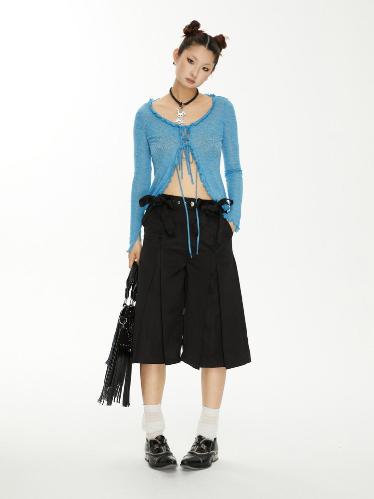 Ribbon Plain Wide-Leg High-Waist Nichi Half-Pants