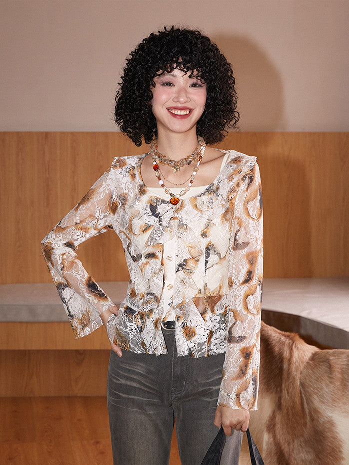 Set-Up Lace See-Through Retro Flower Frill Blouse