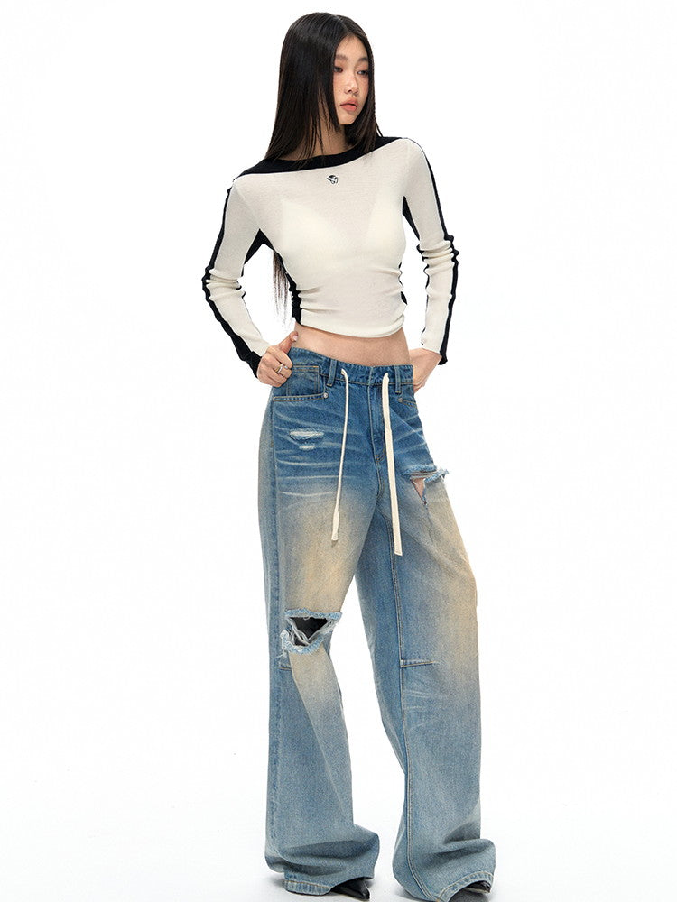 Damage Crush Straight Loose Wide Faded Denim-Pants