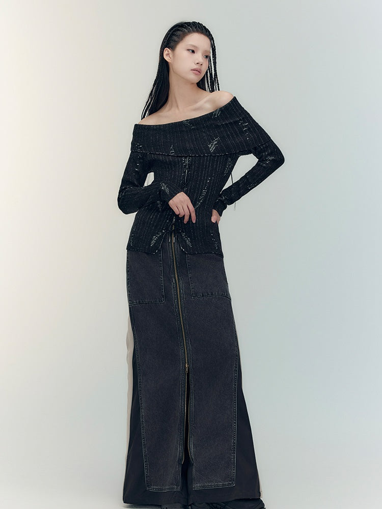 Off-Shoulder Denim Casual Dark Strick &amp; Denim-Rebstrock