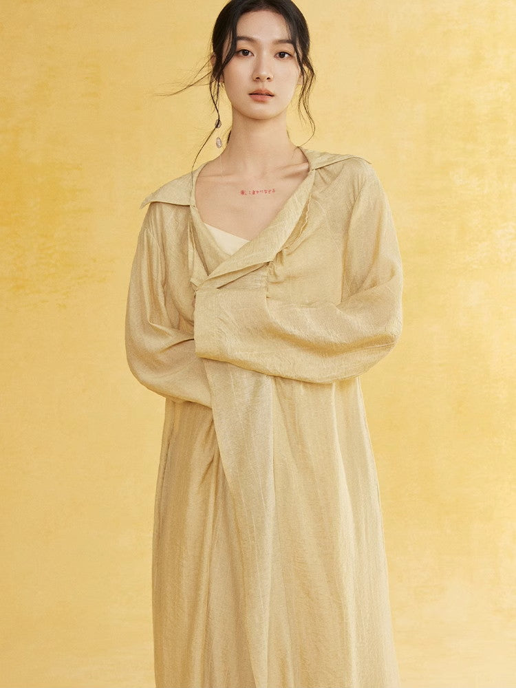 Retro Sheer Oversize Ruffle Wrinkled Long-Cardigan