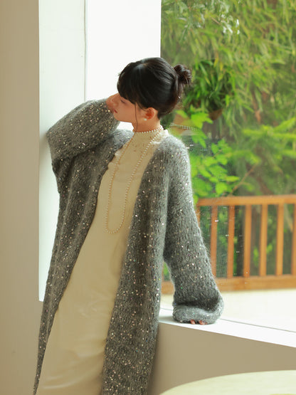 Glossy Loose Knit Effortless Sequins Long-Cardigan