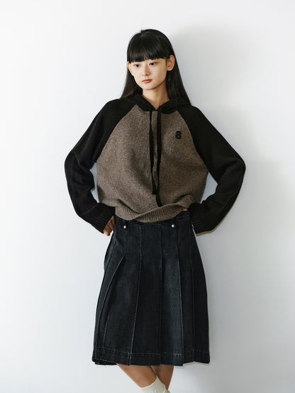 Knit Hoddie Bi-Color Simple Parlka Wool-Tops