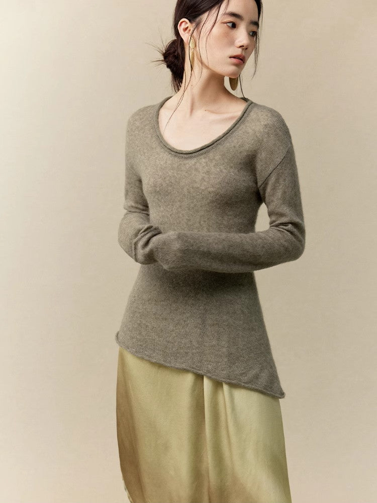 Asymmetry U-Neck Slim Simple Thin Classy Knit