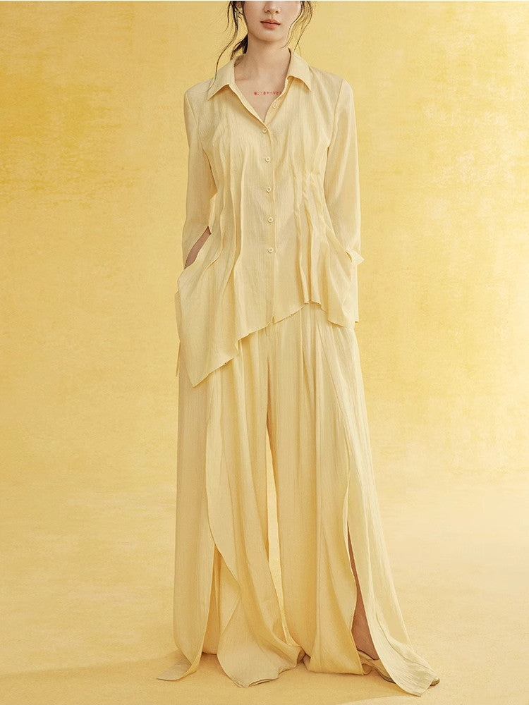 Natural Slit Wide-Leg Wrinkled Plain Flare-Pants