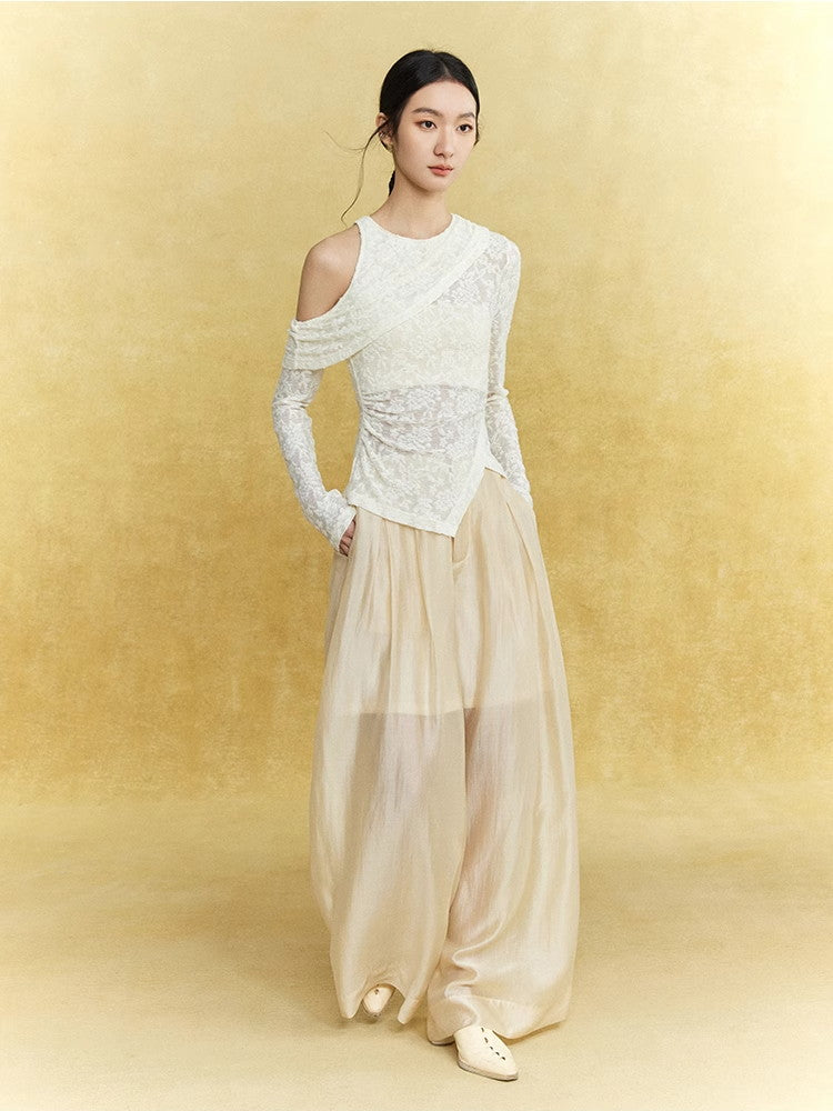 Open-Shoulder Flower Mesh Sheer Asymmetry Knit