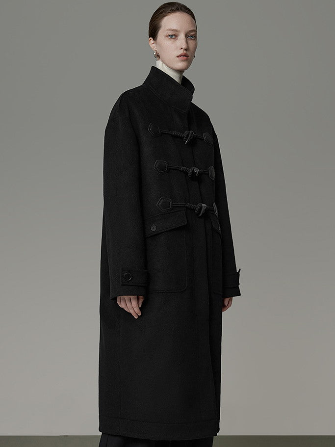 Wool Long Simple Stand-Collar Duffel-Coat