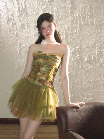 Retro Chic Rose Tulle Frill Tube-Top&amp;Mini-Skirt