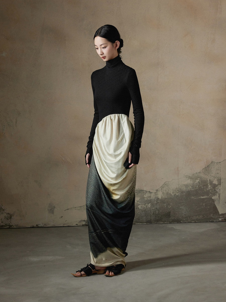 High-Neck Knit Drape Slim Thin Long Dress