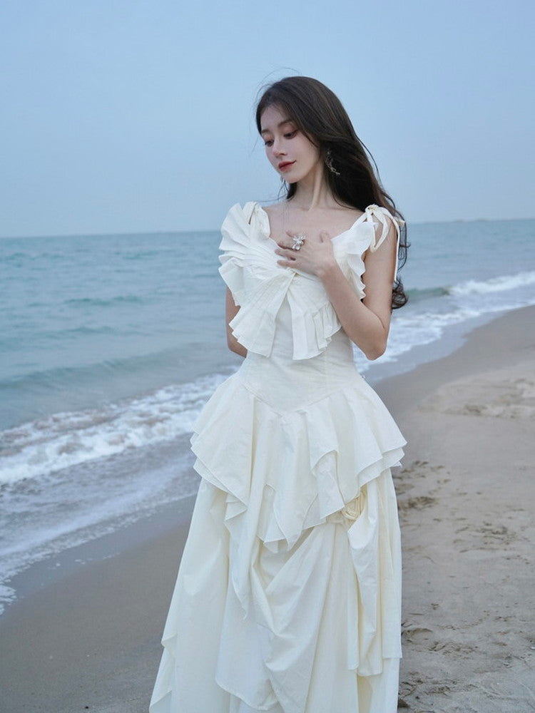 Pleats Layered Flare Shouder-Ribbon Tops Dress Pleats Layered Flare Shouder-Ribbon Tops Dress