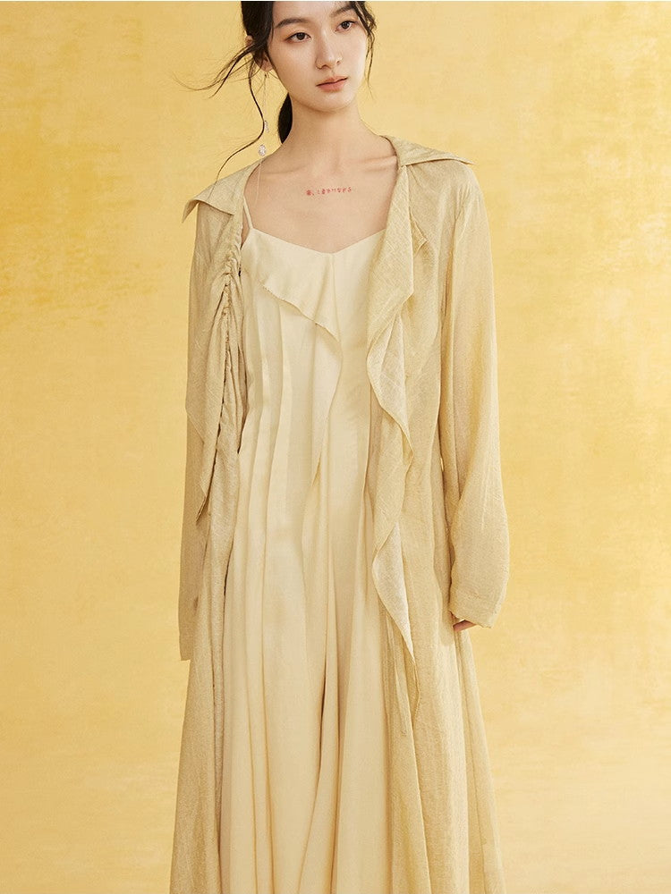 Retro Sheer Oversize Ruffle Wrinkled Long-Cardigan