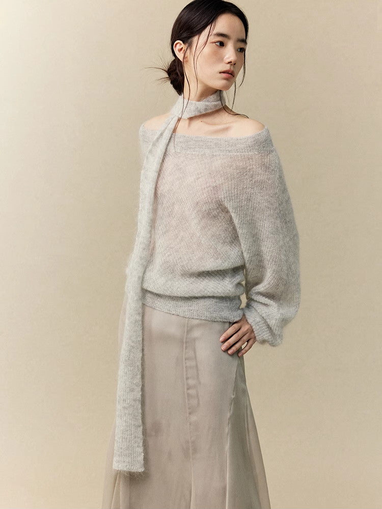 Long-Tie Fluffily Loose Off-Shoulder Classy Mohair-Knit