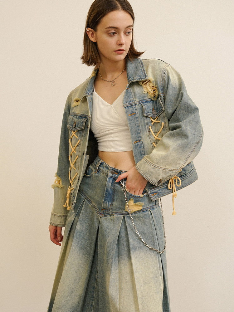 Set-Up Denim Lace-Up Washed Casual Pleats Jacket＆Pants＆Long-Skirt