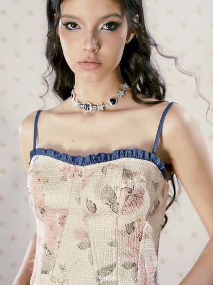 Lace-Up Flower Retro Cropped Sweet Camisole&amp;Wide-Pants