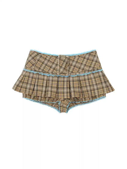 Checked Pleats Frill Casual Girly Short-Pants