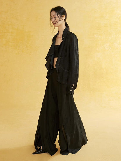 Natural Slit Wide-Leg Wrinkled Plain Flare-Pants