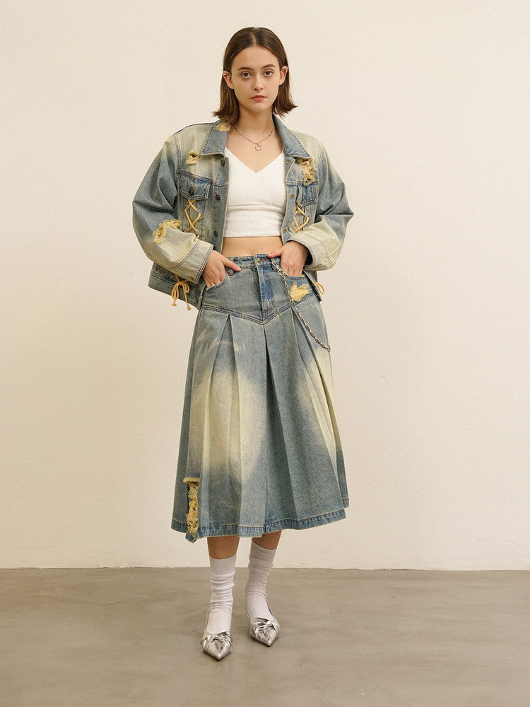 Set-Up Denim Lace-Up Washed Casual Pleats Jacket＆Pants＆Long-Skirt